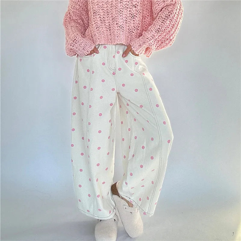 LIZAKOSHT  -  Polka Dot Jeans Women Y2K Print High Waisted Wide Leg Denim Pants Vintage Stretchy Boyfriend Jeans 90s 00s Streetwear