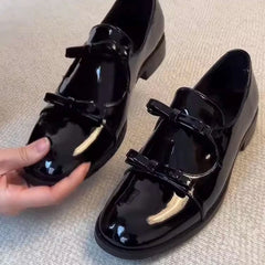 LIZAKOSHT  -  Preppy Double Bowtie Oxfords Woman Low Heels Flats Shiny Small Leather Shoes Ladies College Girls Sneakers Femmes Derby Loafers
