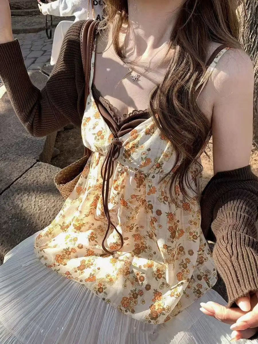 LIZAKOSHT  -  French Floral Fake Two Piece Lace Cami Top Women Summer Slim Fit Sweet Sexy Chic Camis Style Streetwear Fashion Outfit New