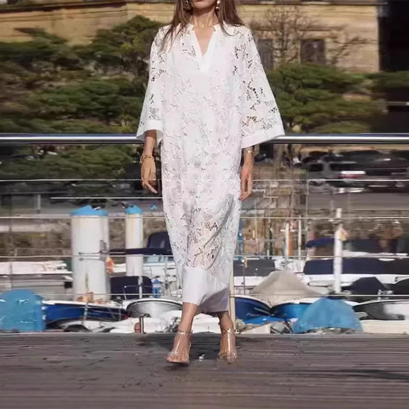 LIZAKOSHT  -  Solid Lace Hollow Out Women's Dress Elegant V-neck Patchwork Puff Sleeve Long Dressess Female Summer Fashion New Lady Robes