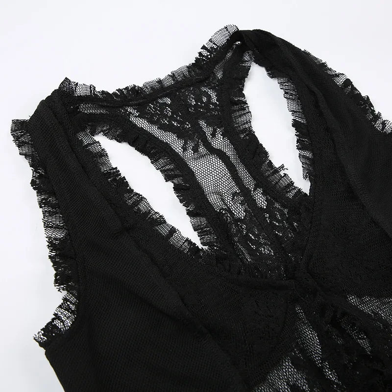 LIZAKOSHT  -  New Dark Vintage Techwear Hotsweet Lace See Through Thin Tanks Top Sexy Button Cardigan Crop Tops Women's Gothic Sheer Vest