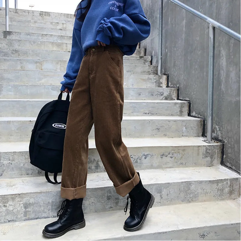 LIZAKOSHT -  Spring High Waist Corduroy Pants New Women Winter Wide Leg Trousers Casual Harajuku Long Pants Loose Trousers Streetwear