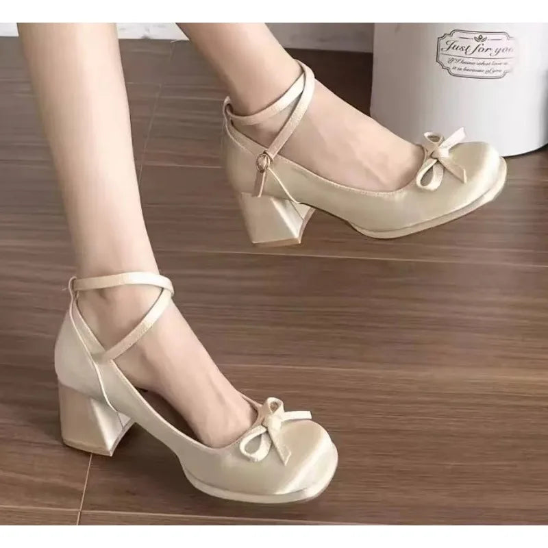 LIZAKOSHT  -  Design Women Platform Pumps Spring High Heels Buckle Strap Mary Jane Shoes Woman Elegant Bows Thick Heeled Party Single Shoes