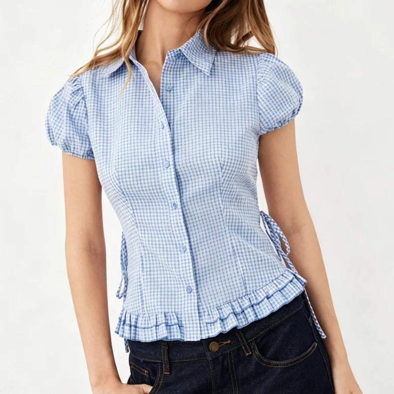 LIZAKOSHT  -  Cute Y2k Red Plaid T-shirt Blouse Woman Side Tie up Lapel Collar Short Cap Sleeve Slim Shirts Sweet Preppy Style Crop Tops