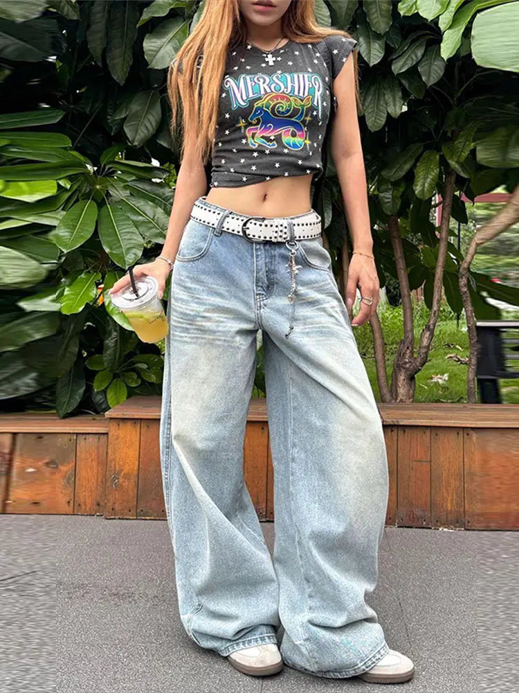 LIZAKOSHT  -  Women's Jeans Vintage Printed High Waist Zipper Pockets Straight Leg Trousers Female Spring Fashion Woman Clothes Outwears