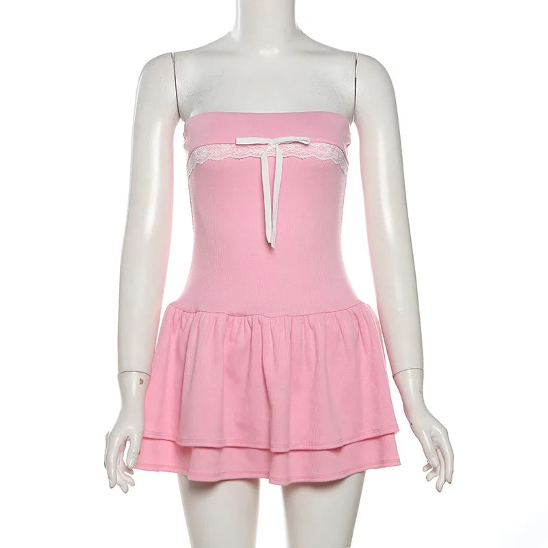 LIZAKOSHT  -  European American Style Summer New Women's Cloth Contrasting Color Splicing One-word Collar Chest-wrapped Ruffle Edge Slim Dress