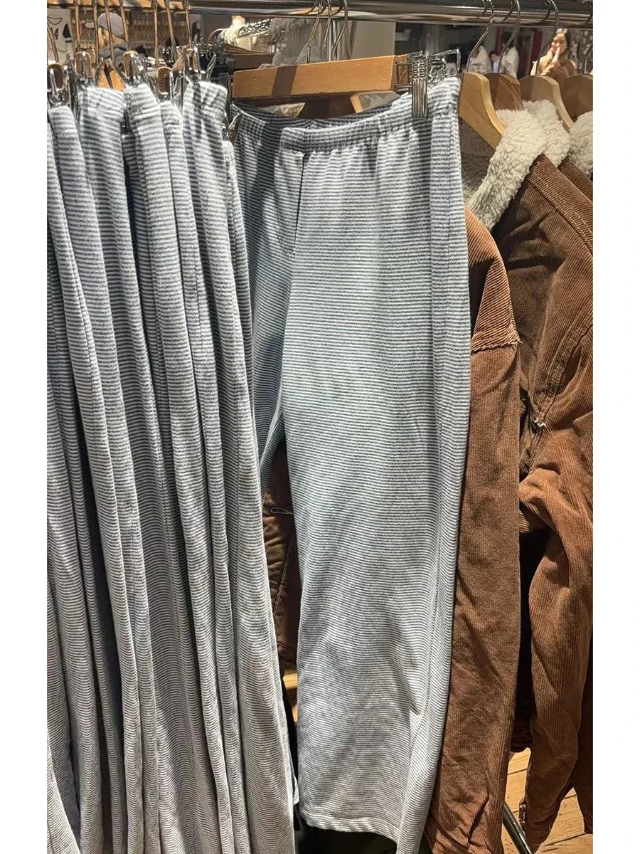 LIZAKOSHT  -  Women New Blue Striped Cotton Pajama Pants Vintage High Waist Loose Straight Trousers Summer Sweet Casual Home Long Pant Y2k