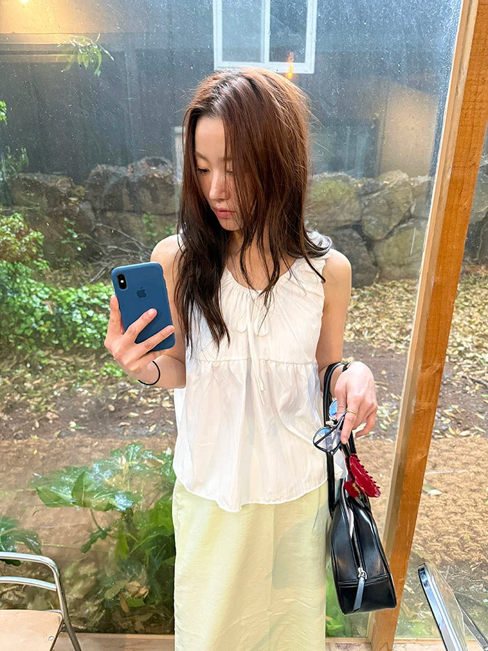 LIZAKOSHT  -  Knot Tied Waist irt Vest Pleated Cotton 00% Women's Summer Faion Casual Breathable ort Sve Top