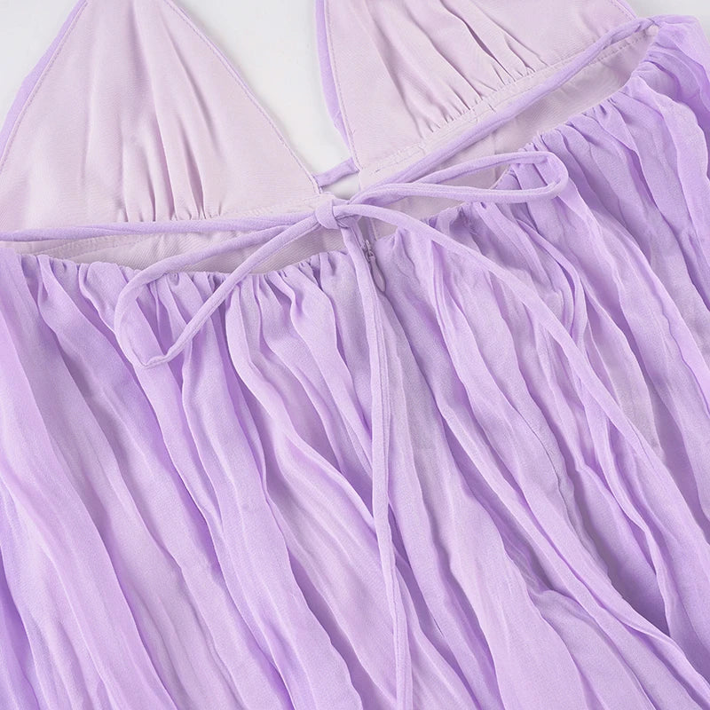 LIZAKOSHT  -  Purple Chiffon Backless Sleeveless Sundress Elegant  Sexy Deep V Neck A-line Mini Dress Summer Beach Vacation Outfits