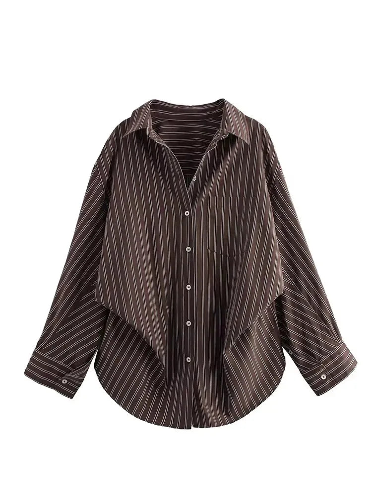 LIZAKOSHT  -  Striped Shirt Women Casual Loose Single Breasted Turn-down Collar Blouse 2025 New Summer Office Lady Simple Long Sleeve Shirts