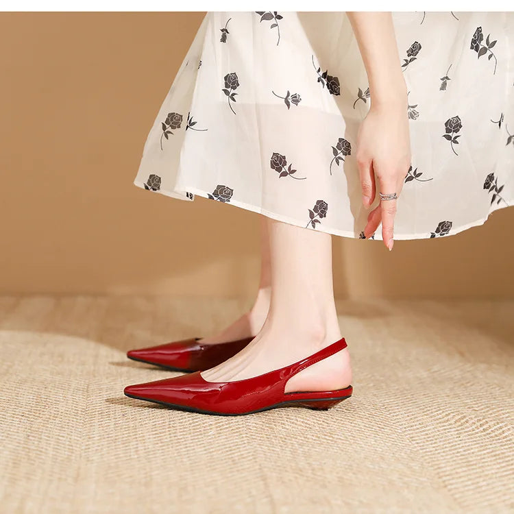 LIZAKOSHT -  Delicate Red Shiny Leather Sandals Woman Slingback Low Heels Shoes Ladies Party Brides Tacones Mujer Pointed Toe Flats Sandalias
