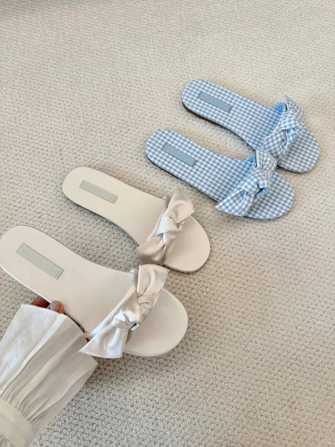 LIZAKOSHT  -  Silk Butterfly-Knot Slippers Women Flat Heel Gingham Sandals Cloth Fabric Slides Female Slip On Pantuflas House Flipflops