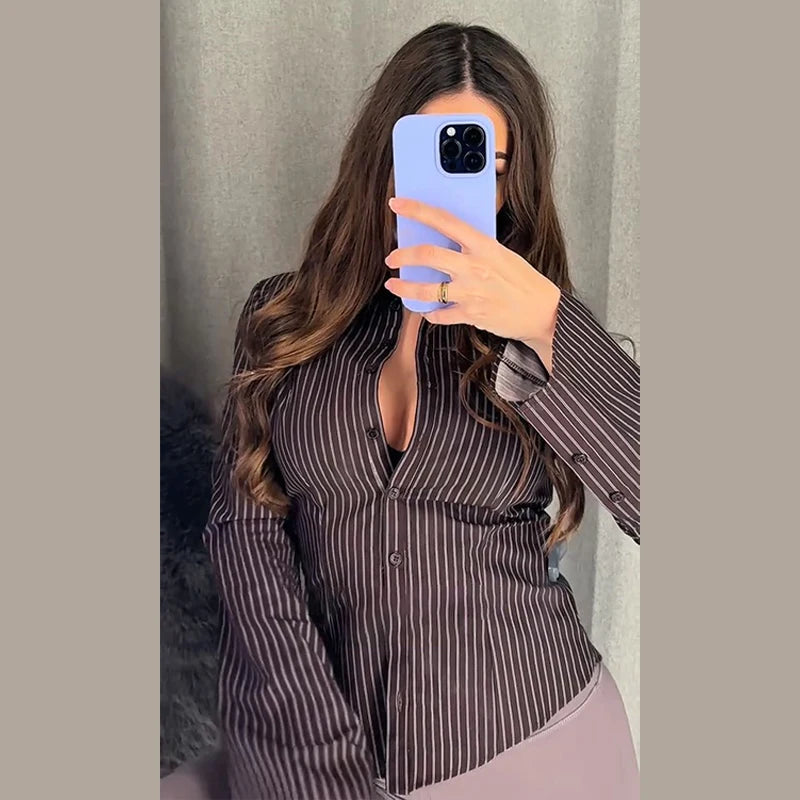 LIZAKOSHT  -  Women's Striped Fitted Shirt Full Sleeve Single Breasted Lapel Neck Top 2026 Spring Summer Female Casual Outings Daily Matching