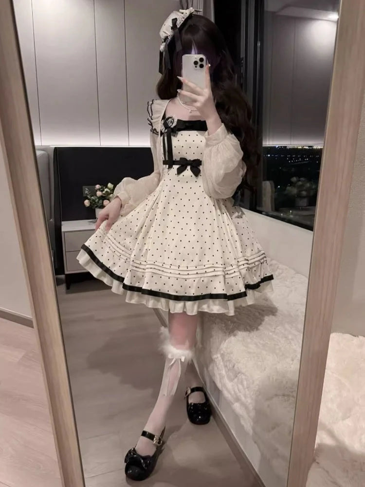 LIZAKOSHT  -  Summer Kawaii Polka Dot 2-piece Set Women Bow Cute Mini Dress + Solid Short Cardigan Daily Elegant Lolita Dress Sets New