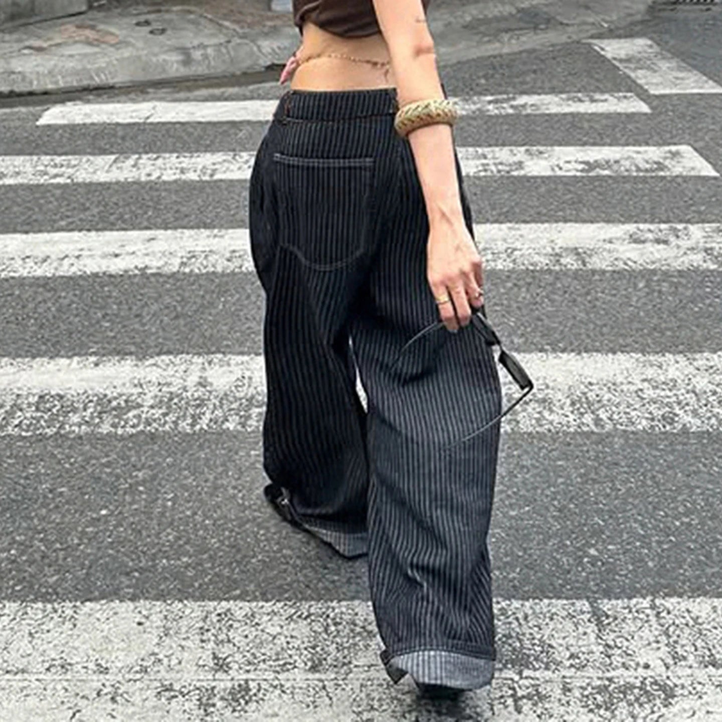 LIZAKOSHT  -  Women Striped Relaxed Fit Jeans Retro Low Rise Wide Leg Denim Pants Grunge Loose Trousers Spring Y2K Clothes