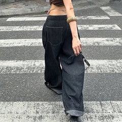 LIZAKOSHT  -  Women Striped Relaxed Fit Jeans Retro Low Rise Wide Leg Denim Pants Grunge Loose Trousers Spring Y2K Clothes