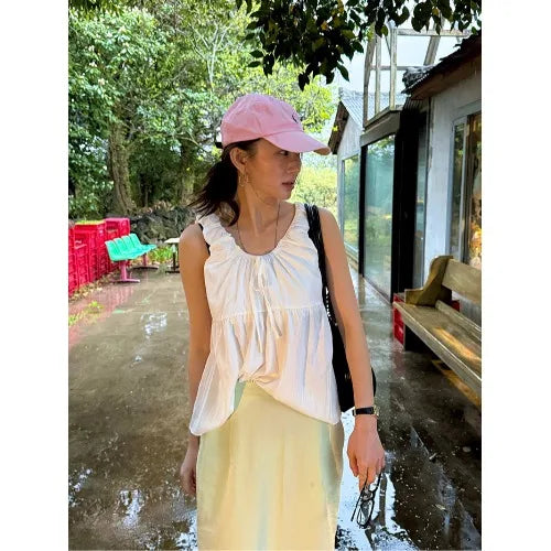 LIZAKOSHT  -  Knot Tied Waist irt Vest Pleated Cotton 00% Women's Summer Faion Casual Breathable ort Sve Top