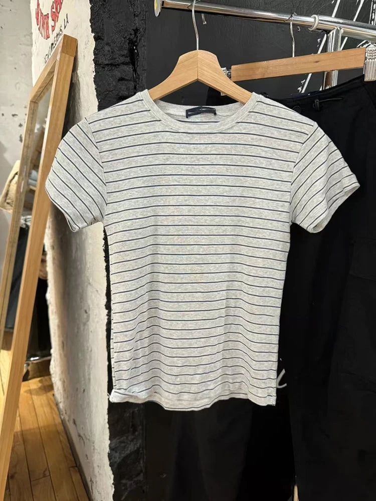 LIZAKOSHT  -  Pink Striped Slim T-shirts Woman Summer Round Neck Short Sleeve Tee Shirts Female Sweet Cute Preppy Style Cotton Tshirt Y2k Tops