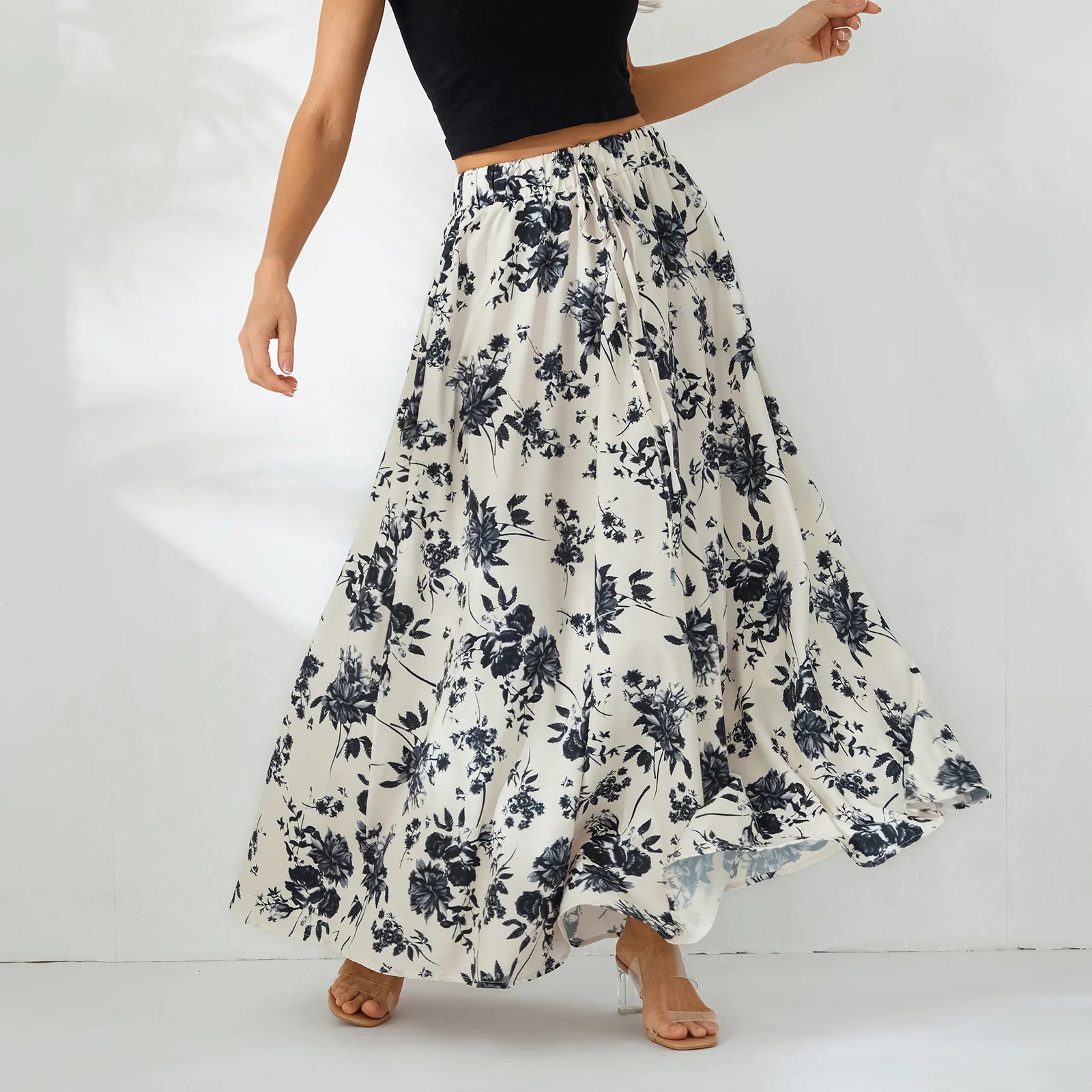 LIZAKOSHT  -  Women Summer Floral Print Swing Long Skirts Casual Elastic Waist Drawstring Flared A-Line Skirt