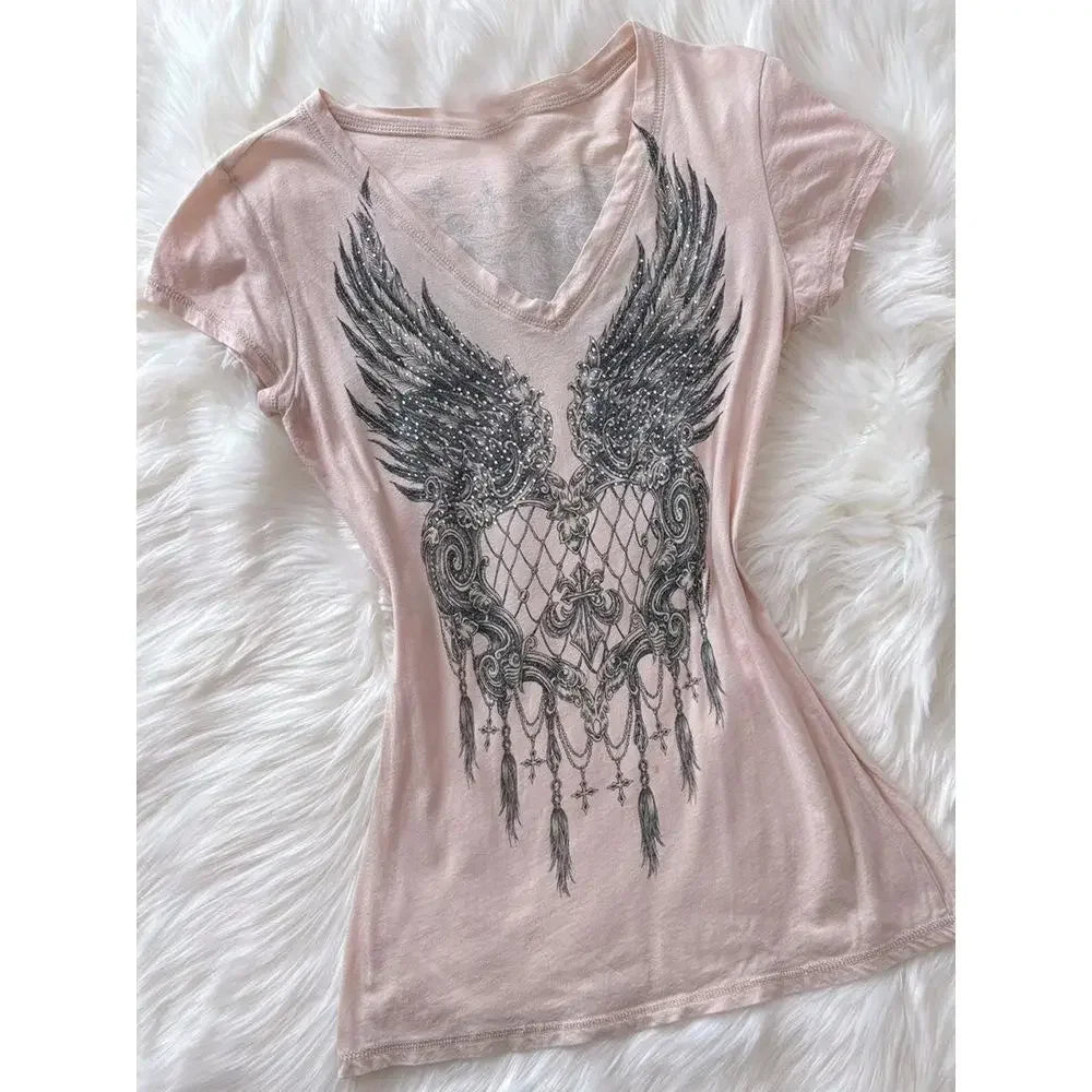 LIZAKOSHT  -  Ropa Mujer Pink Angel T-shirts Vintage Camisetas Print T Shirt Goth Academia American Grunge Subcultural High Street Tops