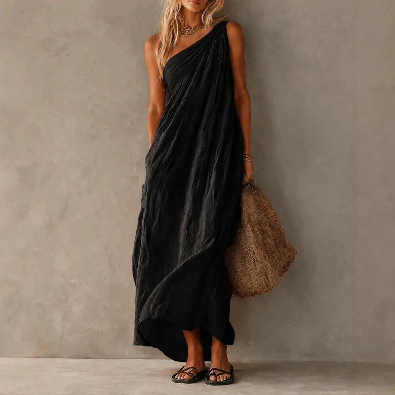 LIZAKOSHT  -  Cotton Linen Casual Pocket Solid Long Dress Elegant Draped Hight Waist Women Dress Sleeveless Slanted Shoulder Loose Party Dress