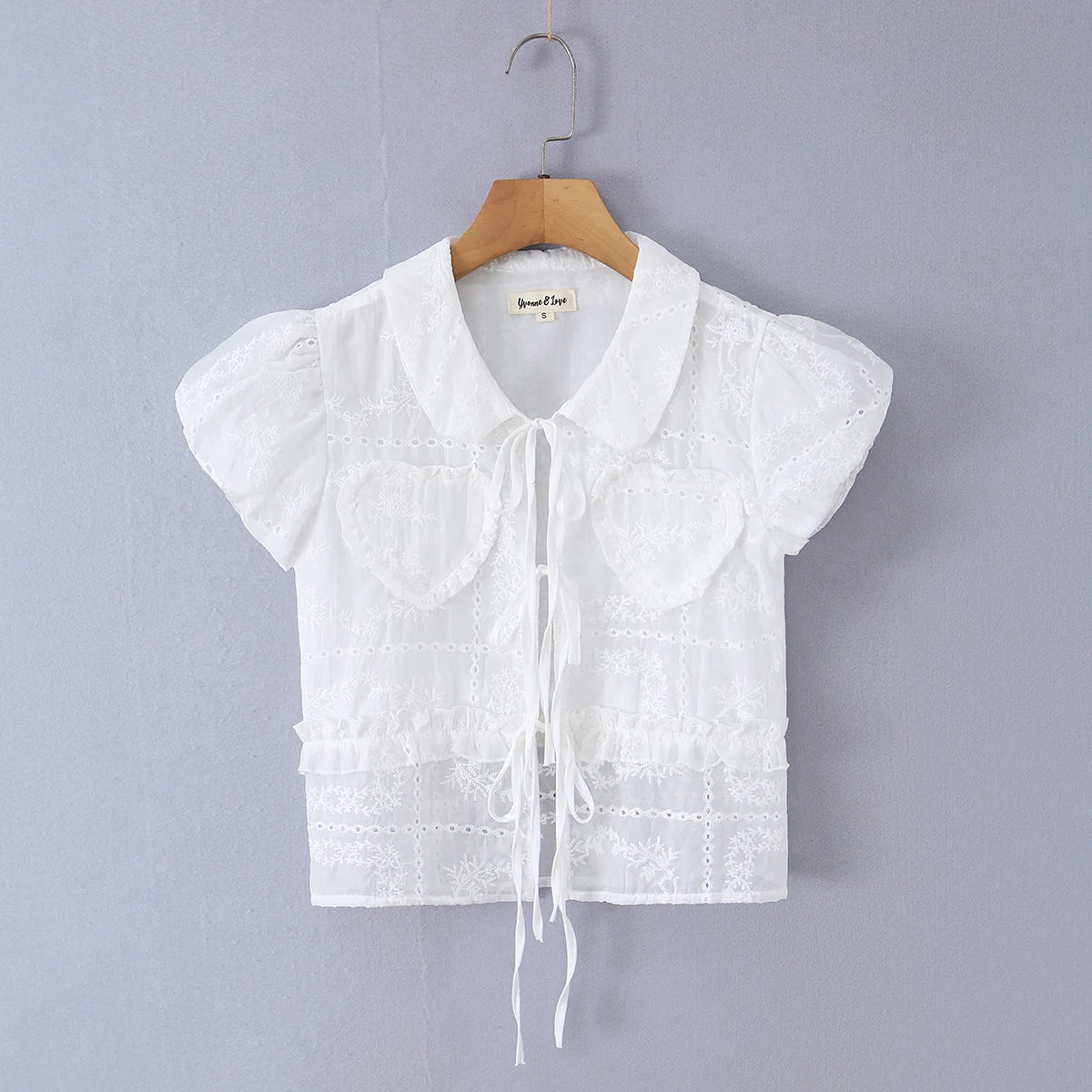 LIZAKOSHT  -  Sweet White Embroidery Hollow out Flower Lace Short Puff Sleeve Shirt Women Peter Pan Collar Lacing Up Tie Bow Front Crop Tops