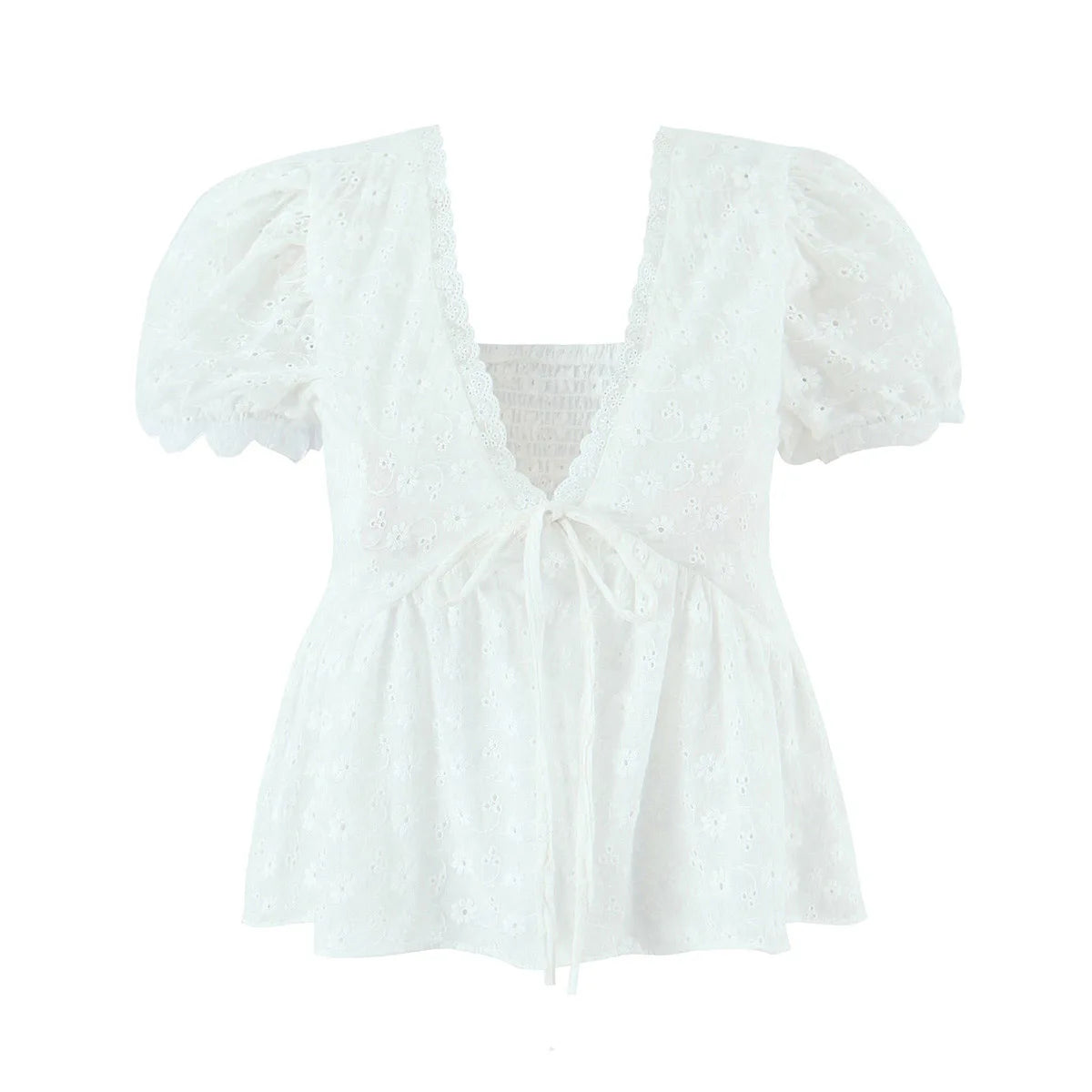LIZAKOSHT  -  White Embroidery Hollow Out Hole Splice Lace V neck Short Puff Sleeve Shirt Women Center Button Elastic Back Slim Crop Tops