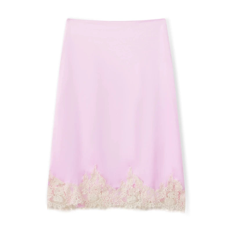 LIZAKOSHT  -  Women Satin Lace Trim Maxi Skirt Silk Lace Patchwork Silk High Waist Midi Skirt Lady Flowy Work Half Slip Long Skirt