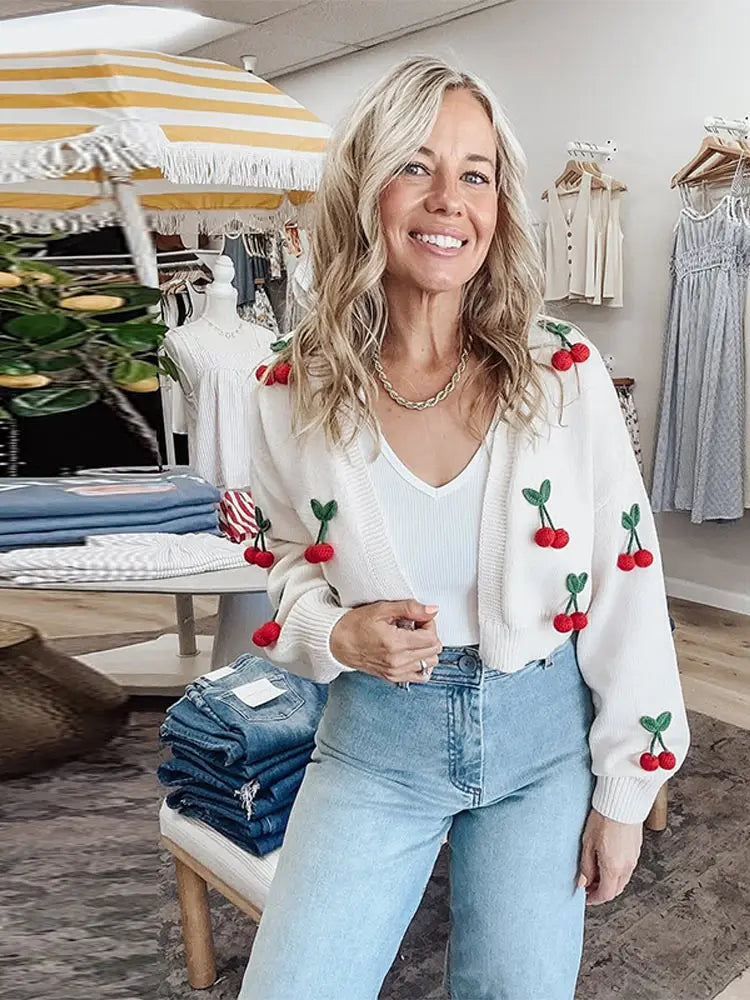 LIZAKOSHT  -  3D Cherry Knit Cardigan Women V Neck Long Sleeves Sweater Coats Female 2025 Autumn Winter Chic Fashion Solid Knitwears Lady