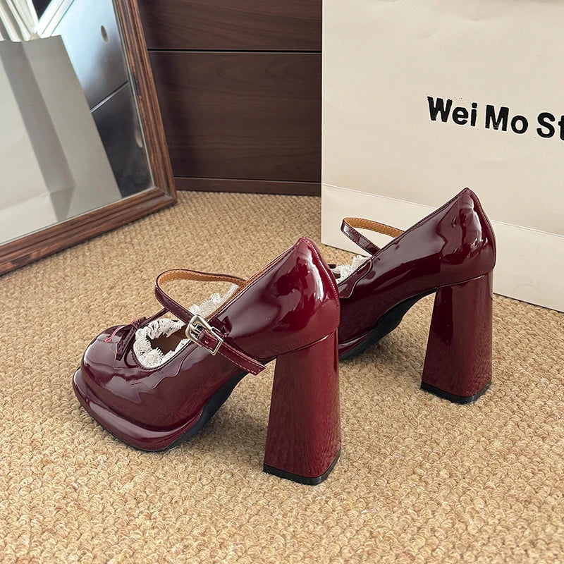 LIZAKOSHT  -  Street Style Thick Heel Women Mary Jane Shoes Concise Butterfly-knot Single Shoes Ladies Elegant Wedding Party Leather Pumps