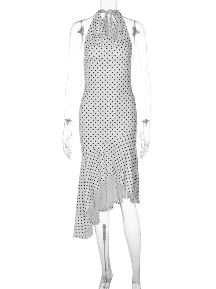 LIZAKOSHT  -  Woman Clothes Halter Backless Polka Dot White Dress Summer Off Shoulder Sleeveless Ruffles Evening Party Dresses