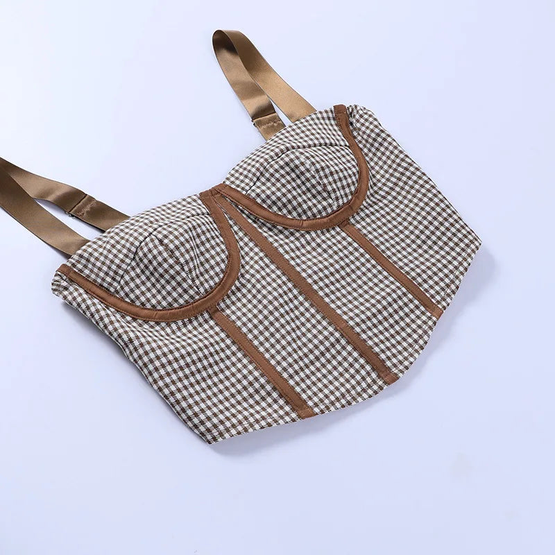 Lizakosht Plaid Crop Top Woman Corsets Camisole Harajuku V Neck T-shirt Tunic Vest Bare Shoulder Blouse Bustier Casual Outfits Summer