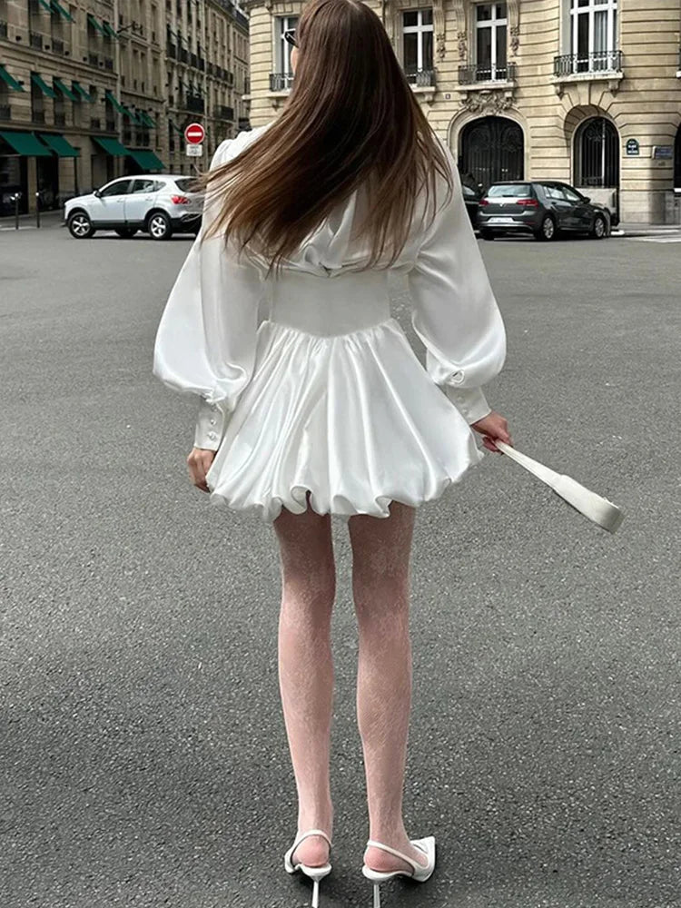 LIZAKOSHT  -  Solid Satin Women Mini Dresses Elegant V Neck Long Lantern Sleeve High Waist Female Short Dress Autumn New Fashion Lady Vestidos
