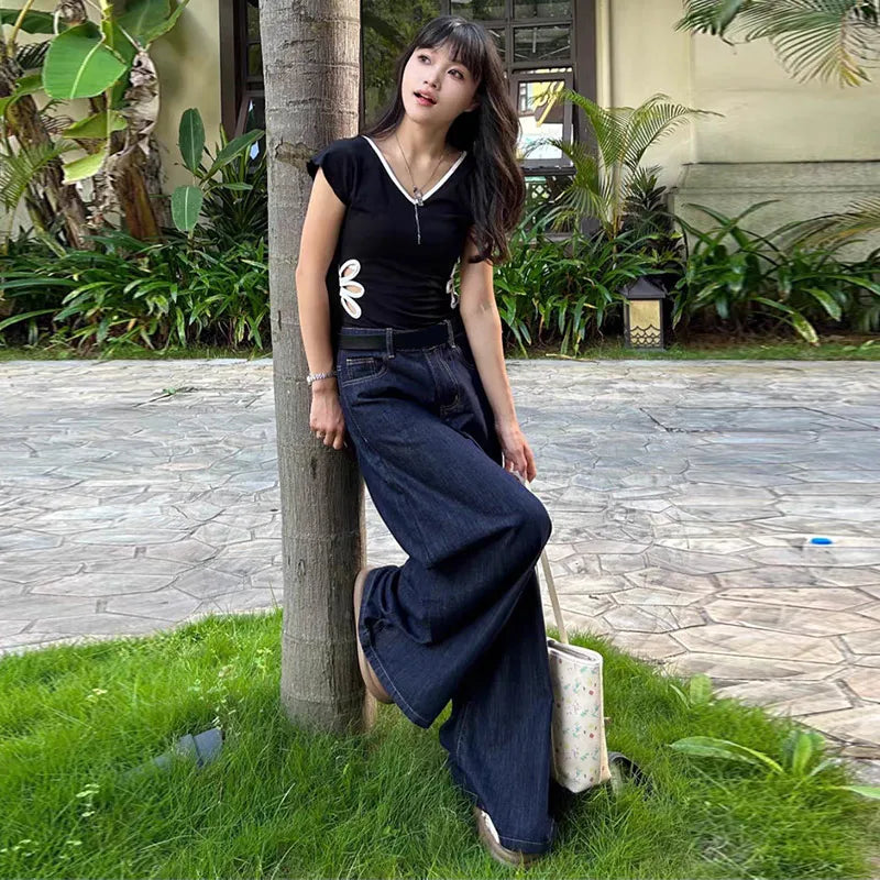 LIZAKOSHT  -  Casual Embroidery T-Shirt Women V Neck Slim Waist Hollow Out Short Sleeves Top Female 2025 Spring Fashion Patchwork Top Lady