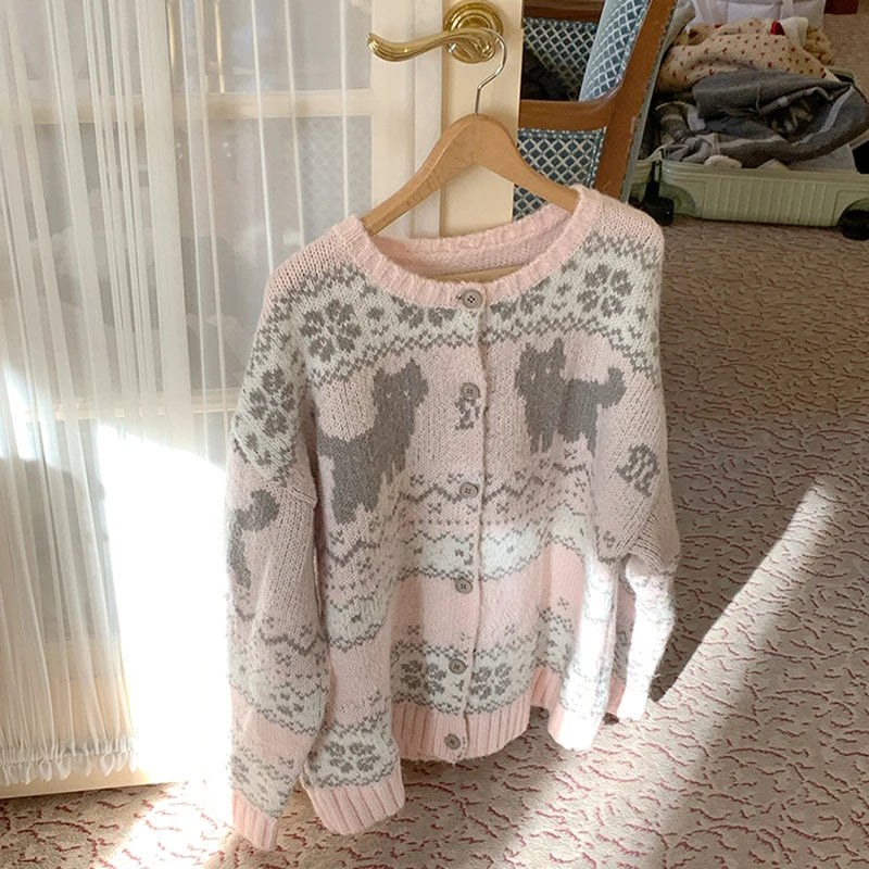 LIZAKOSHT  -  Kawaii Pink Knitted Cardigan Women Harajuku Cartoon Print Sweater Outerwears Korean Knitwears Winter Fashion Cute Jumpers