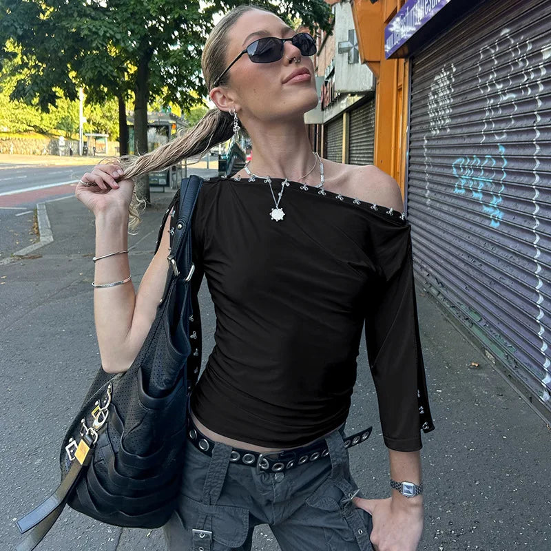 LIZAKOSHT  -  Women's Chic Diagonal Collar T-shirts Sexy Off Shoulder Half Sleeve Asymmetrical Crop Tops Ladies Blue T Shirt Streetwear