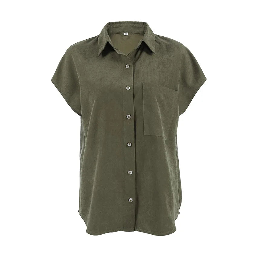 LIZAKOSHT  -  Summer 2025 Vintage Retro Green Blouse Shirt Women Turn-down Collar Single-breasted Pocket Sleeveless Casual Top For Women 55905