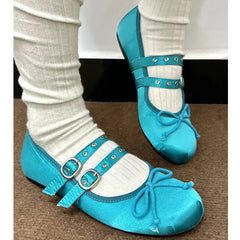 LIZAKOSHT  -  Sweet Blue Round Toe Mary Janes Flats Footwear Cute Satin 2 buckle Straps pink Ballet Style Shoes Women