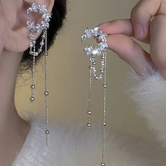 Lizakosht Korea Fashion Zirconia Moon C-shaped Pearl Tassel Clips Earrings For Women Luxury Ear Cuff Pendientes Party Jewelry