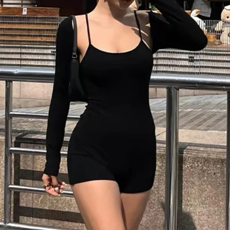 LIZAKOSHT  -  European and American Summer Fashion Solid Color Sports Casual Style Suspender Shorts Integrated Long Sleeve Vest Jumpsuit Set