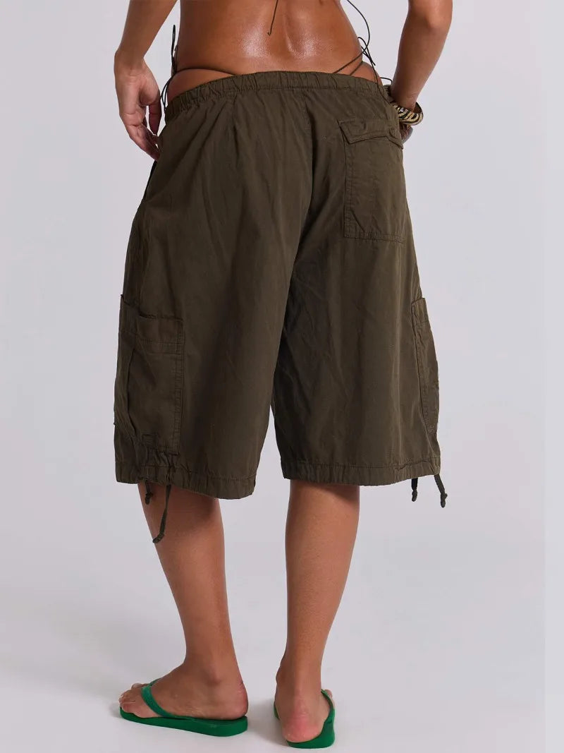LIZAKOSHT  -  Euramerican Safari Style Drawstring Half Pants Y2k All Match Side Pockets Design Casual Women Wide Trousers Stright Short Pants