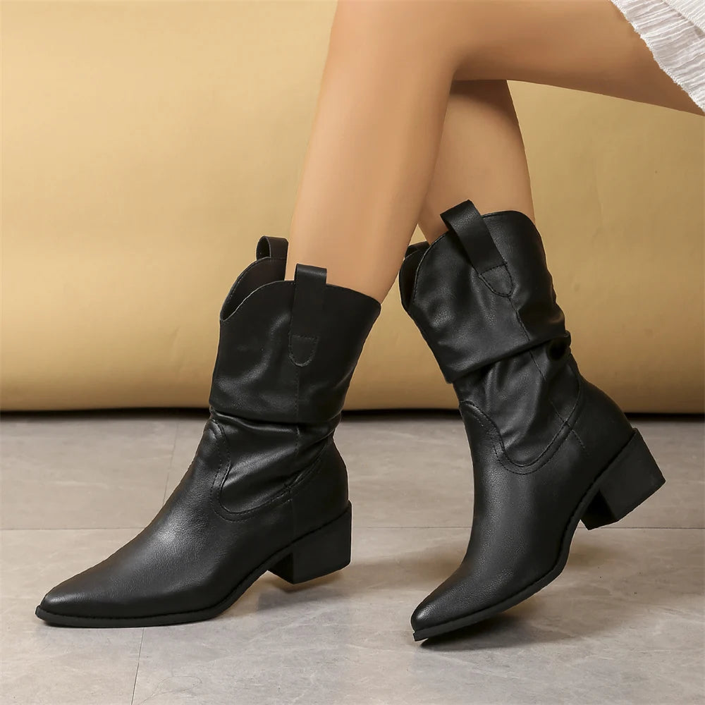 LIZAKOSHT  -  Big Size 42 Vintage Maillard Style Brown Cowboy Boots Women Buckle Belt Retro Black Mid-calf Boots Shoes Winter Western Booties