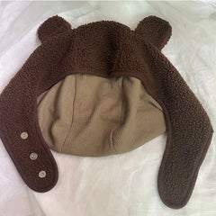 LIZAKOSHT Y2K Women Polar Fleece Ear Caps Autumn Winter Bomber Hat Cute Bear Warm Soft Earmuff Unisex Funny Beanie Skullies Travel Ski Cap