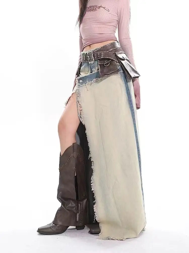 LIZAKOSHT  -  Denim Split Skirt Distressed Gradient Raw Edge For Women Bag Buttocks Slimming Long Skirts American Retro Spicy Girl Long Skirt