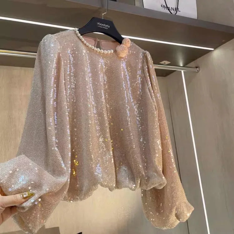 LIZAKOSHT  -  Elegant O-neck Long Sleeve Pink Bloues Spring Autumn New Loose Shirts Women Fashion All-match 3D Pearl Blusas Mujer
