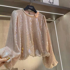 LIZAKOSHT  -  Elegant O-neck Long Sleeve Pink Bloues Spring Autumn New Loose Shirts Women Fashion All-match 3D Pearl Blusas Mujer