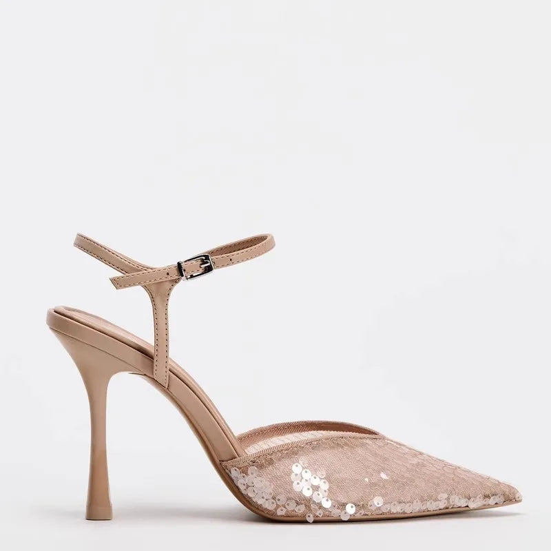 LIZAKOSHT  -  Luxury Sequins Women Pumps for Bridal Wedding Elegant Ankle Strap Sexy super High Heel Shoes Female Designer Slingback Footwear