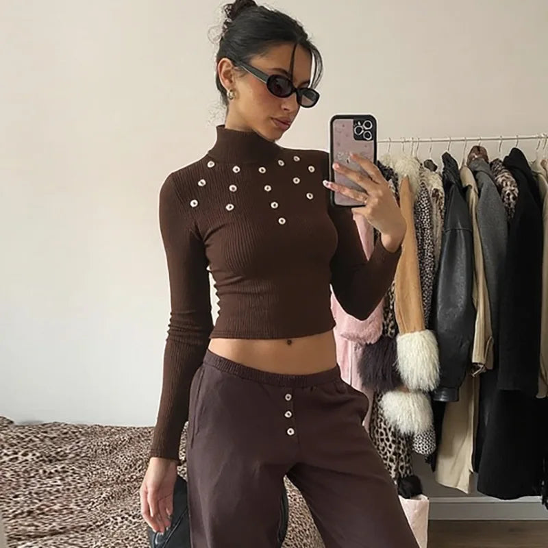 LIZAKOSHT  -  Woman Clothes Ribbed T-shirt Fashion Casual Half High Collar Buttons Cropped Tops High Street Female Long Sleeve T Shirts