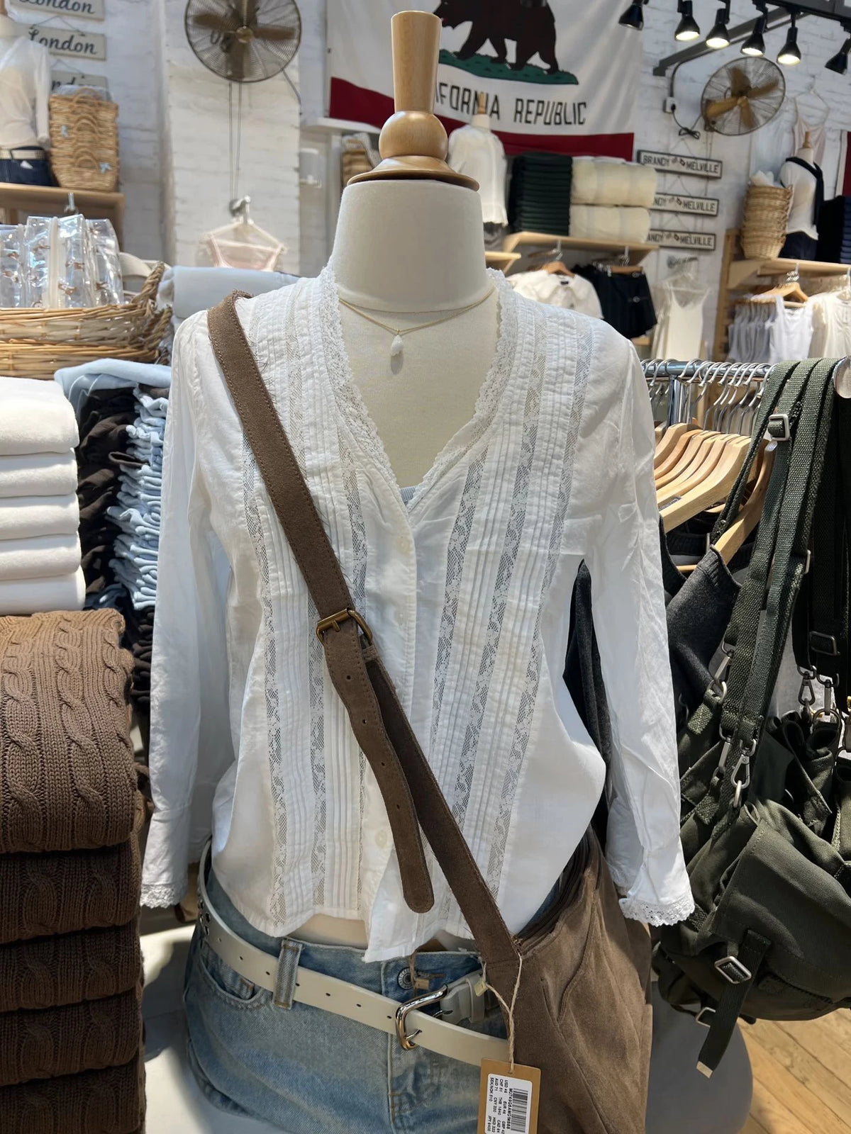 LIZAKOSHT  -  Lace Patchwork Long Flare Sleeve T-shirt Blouse Woman Autumn V-neck Single Breasted See Through Cotton Shirts White Thin Tees