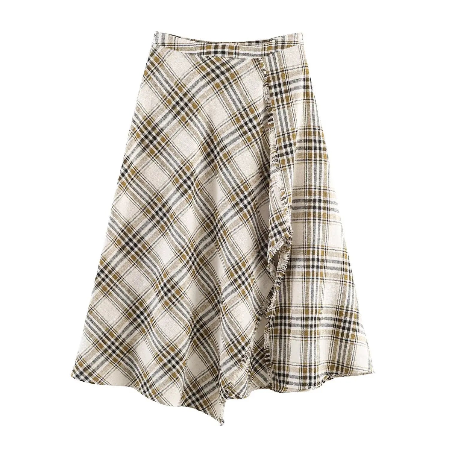 LIZAKOSHT  -  Women Casual Plaid Midi Skirt Chic Trendy Zip-up Asymmetrical Hem Skirt New  Spring Summer Women Holiday Party Skirt